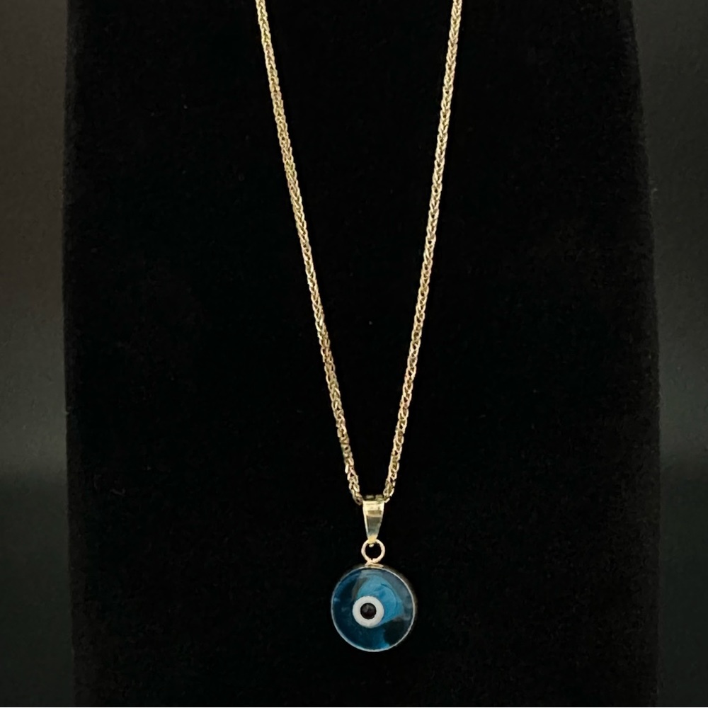 18”14K Gold Spiga Solid Chain & 14K Gold evil eye beaded pendant. ( 2 piece) - Picture 7 of 17